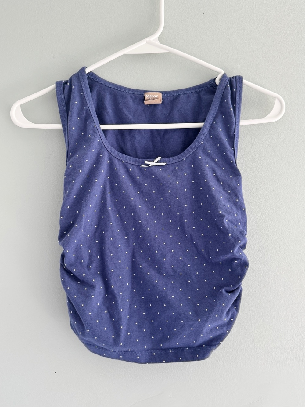 Messy Bun Just Chillin Blue Polka Dot Ruched Crop Tank Top M